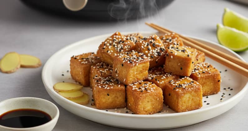 Tofu croustillant au sésame et gingembre, sauce soja sucrée-salée